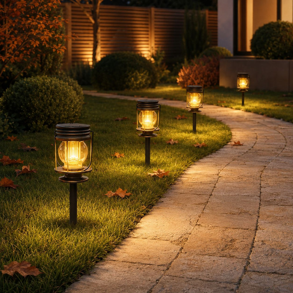 Solar lanterns on ground spikes along a lawn edge beside a stone path