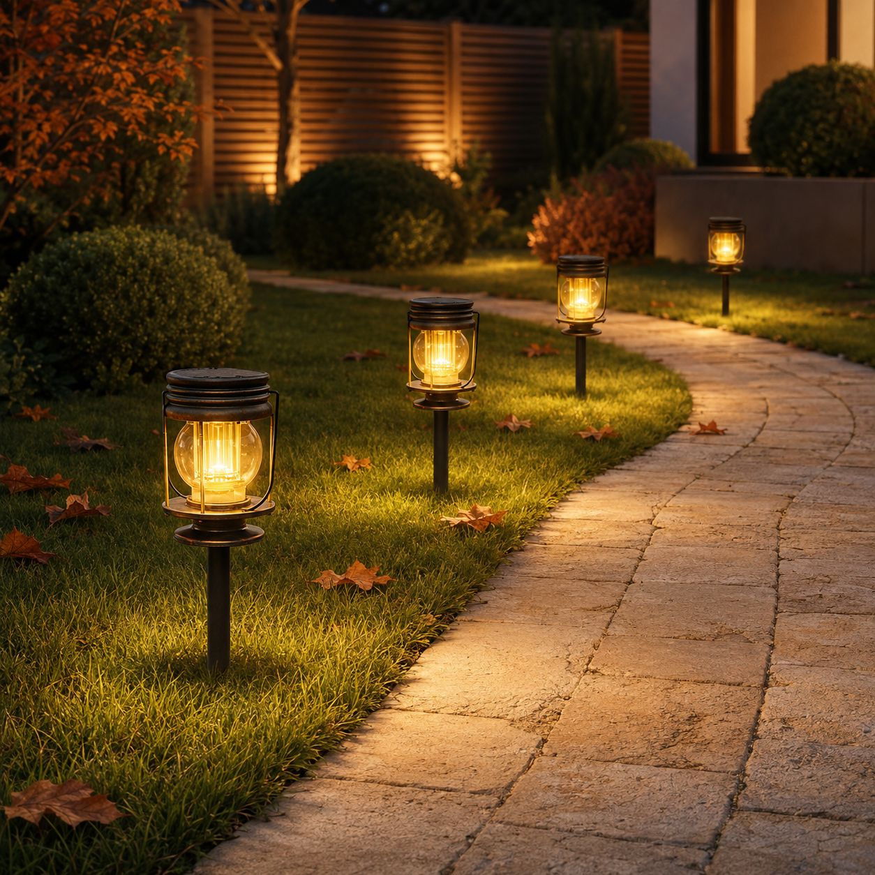 Solar lanterns on ground spikes along a lawn edge beside a stone path
