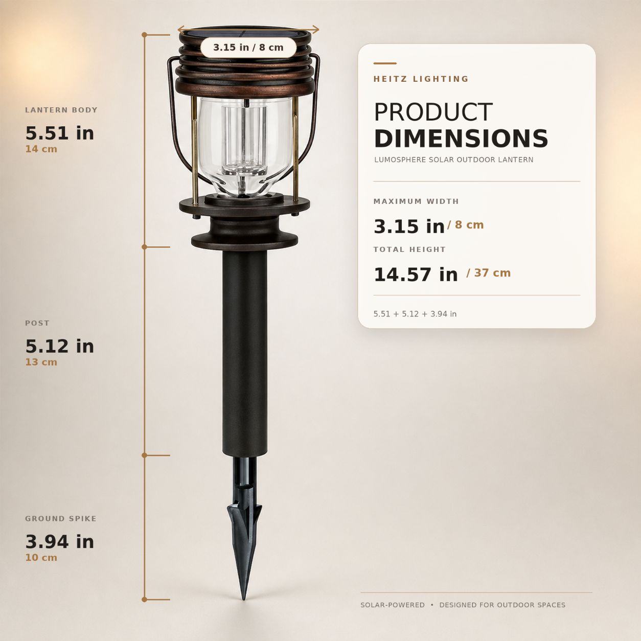 Dimensions graphic showing the lantern body, post and ground spike, 37cm total
