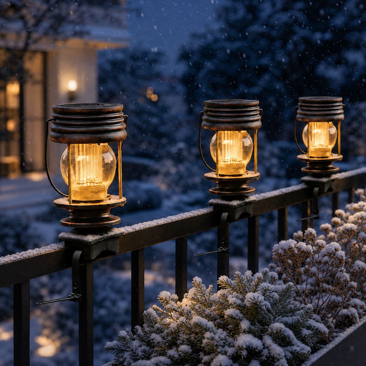 Solar lanterns clamped to a snow-covered railing in winter
