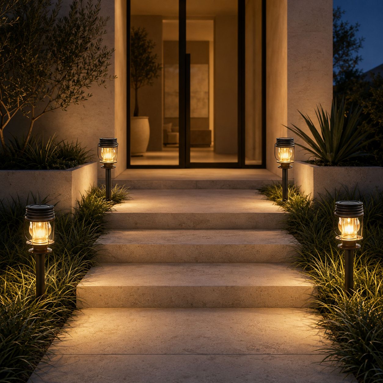 Solar lanterns on spikes either side of lit stone entrance steps