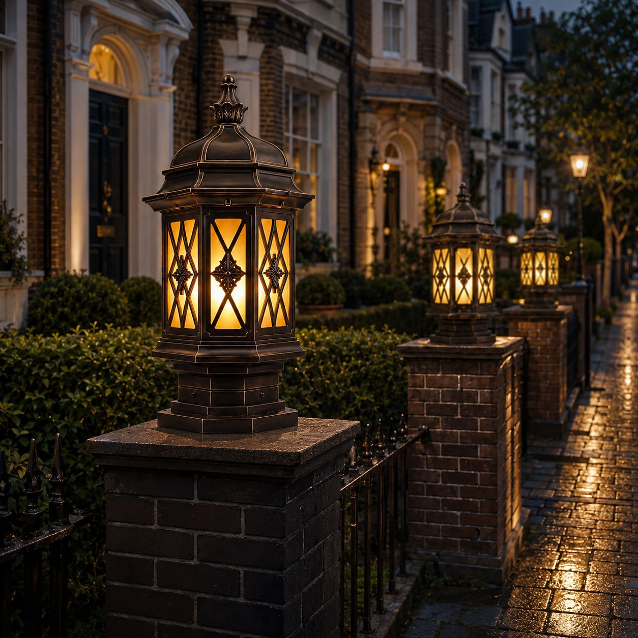 Two hexagonal pillar lanterns on brick gate posts along a wet Victorian street