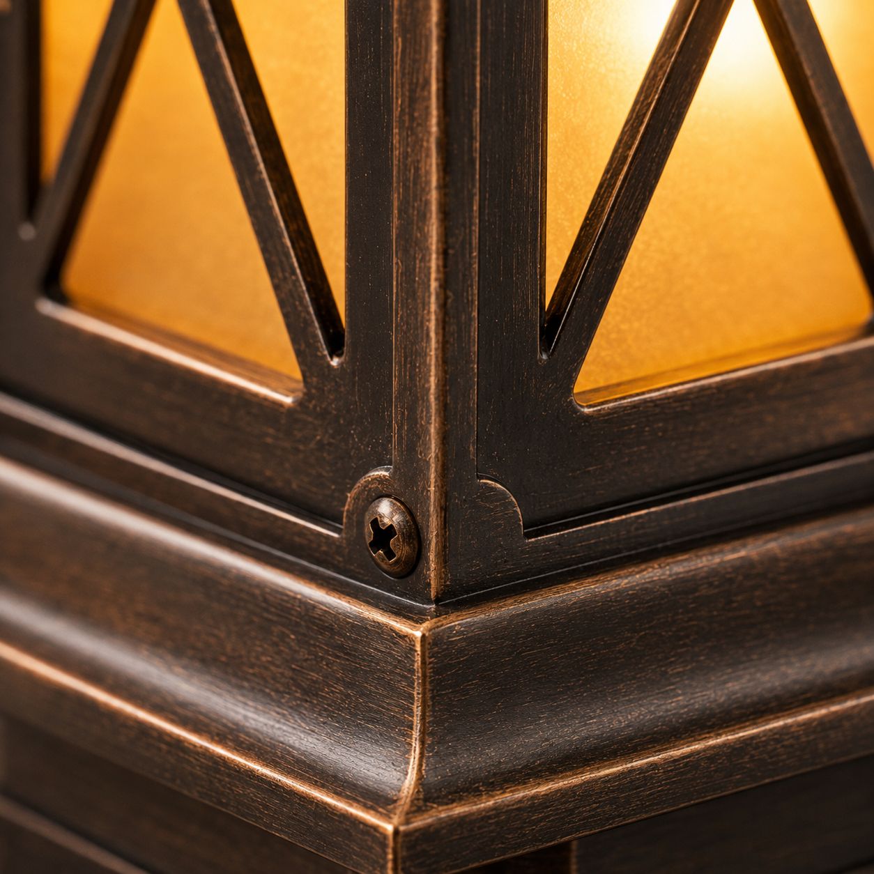 Close-up of the frosted glass panel and diamond fretwork on the lantern frame