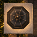 Overhead view of the domed hexagonal top of the pillar lantern