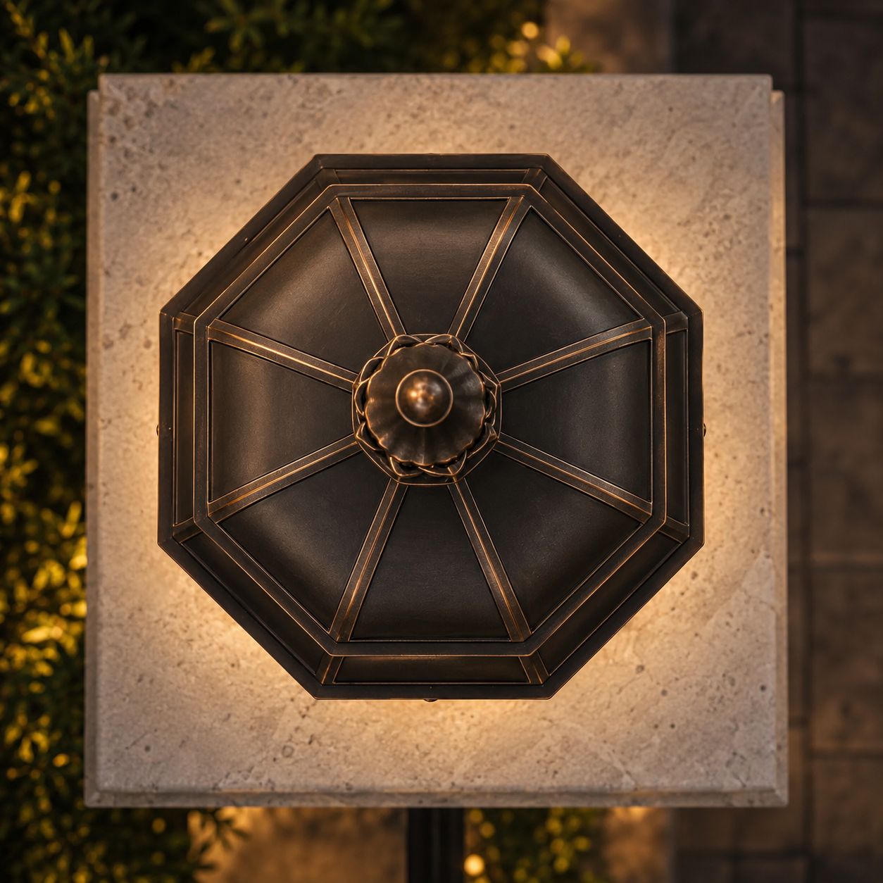 Overhead view of the domed hexagonal top of the pillar lantern