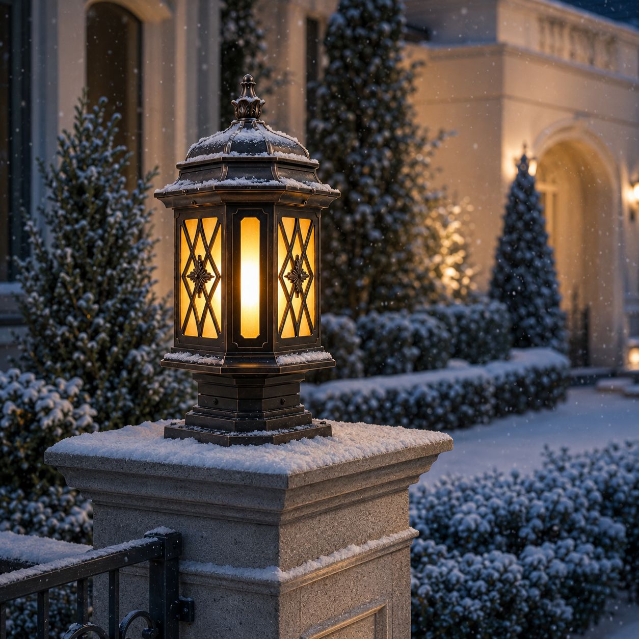 Pillar lantern with snow on its domed cap beside frosted conifers