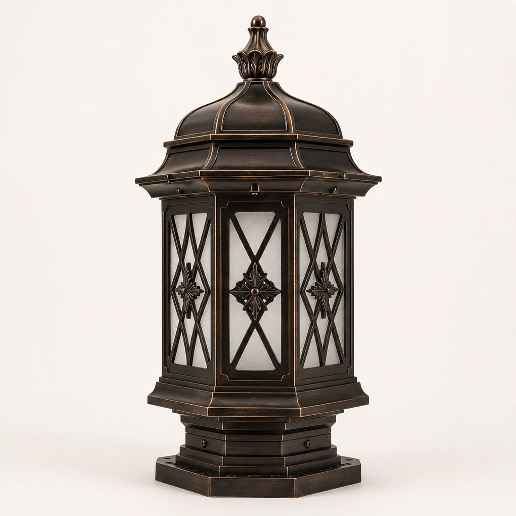 Studio view of the hexagonal pillar lantern in the antique bronze finish