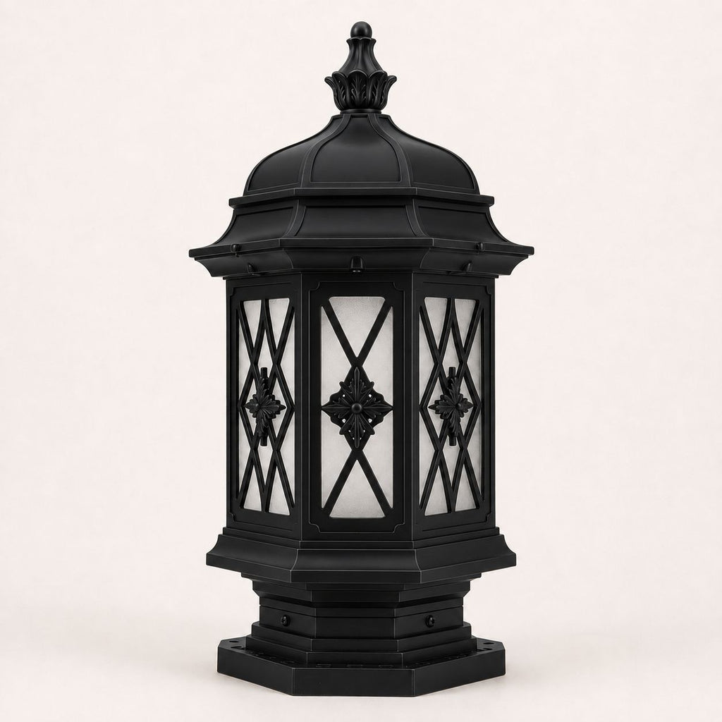 Studio view of the hexagonal pillar lantern in the black finish