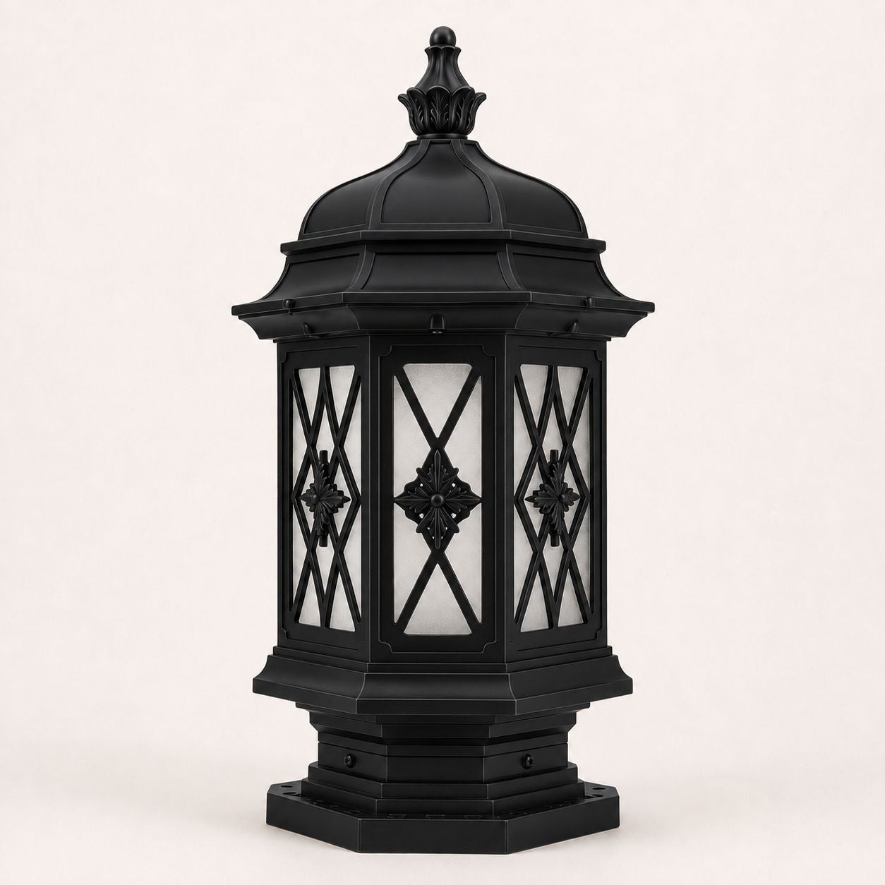 Studio view of the hexagonal pillar lantern in the black finish
