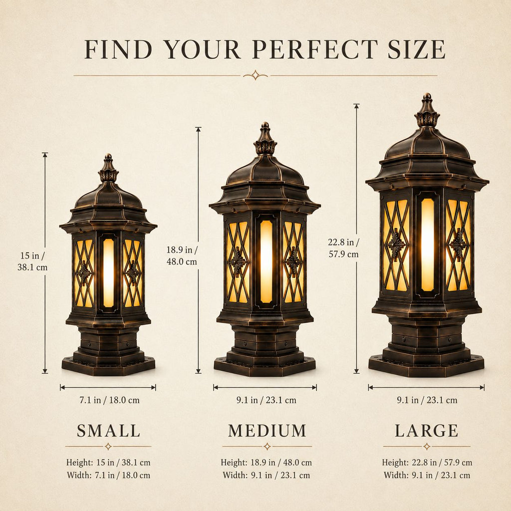 Size guide comparing the small, medium and large hexagonal pillar lanterns