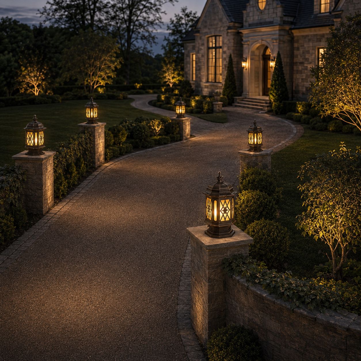 Hexagonal pillar lanterns lining a curved path to a stone house at dusk