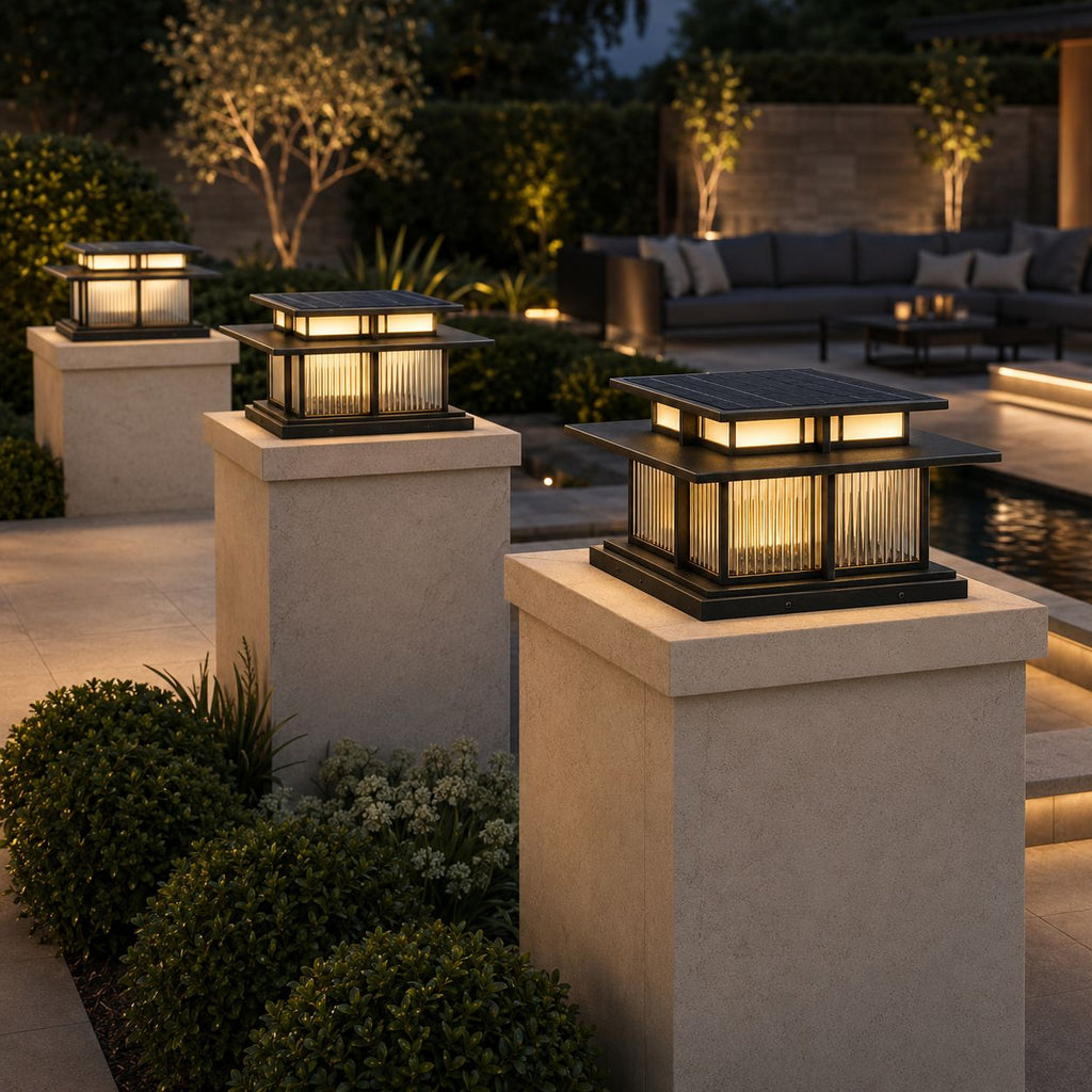 Two reeded post cap lanterns on stone piers beside a lit patio and pool