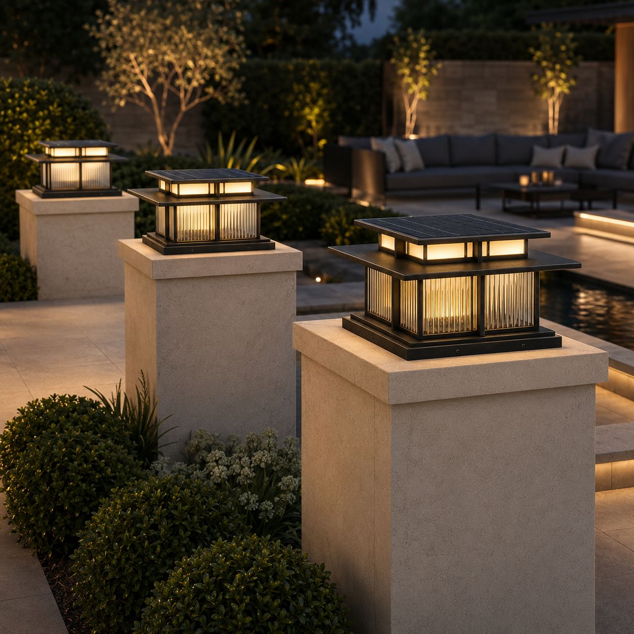 Two reeded post cap lanterns on stone piers beside a lit patio and pool