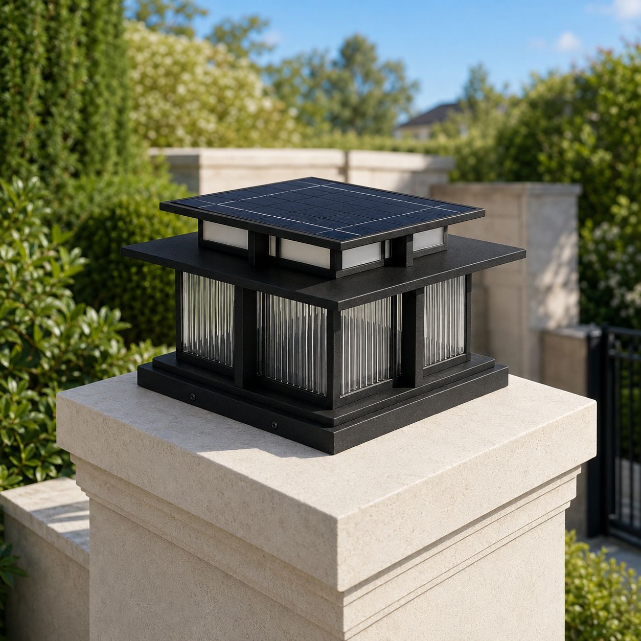 Reeded post cap lantern on a stone pier in daylight, solar panel visible on the roof