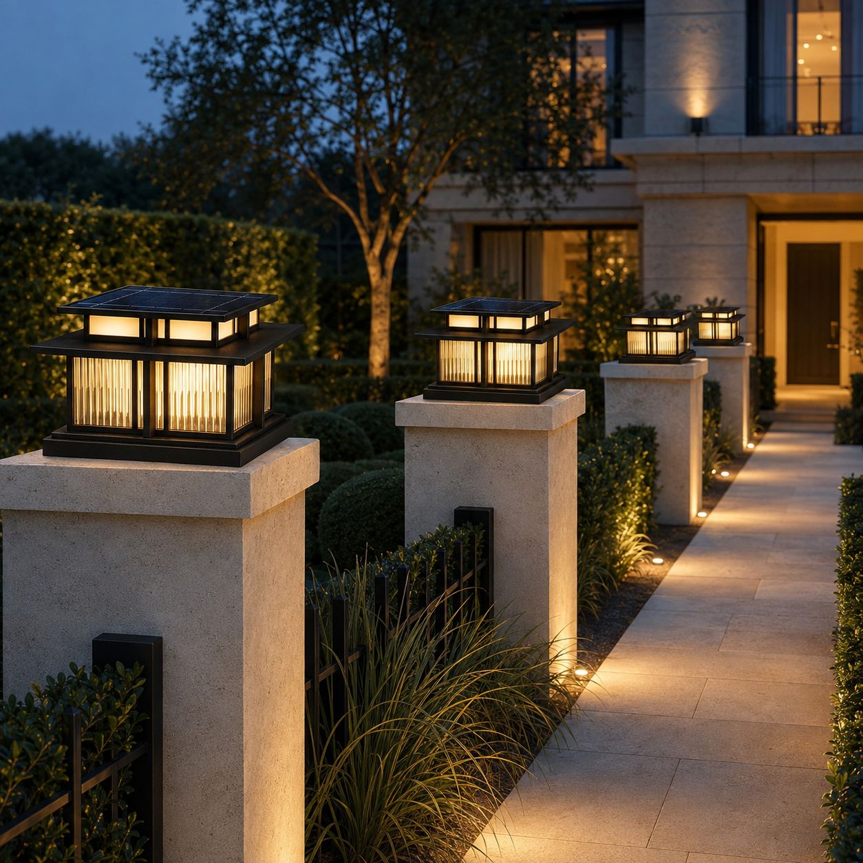 Three post cap lanterns along a run of piers beside a lit path and house
