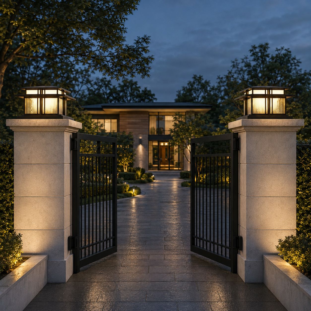 Pair of pier lanterns on stone columns flanking iron gates at a driveway