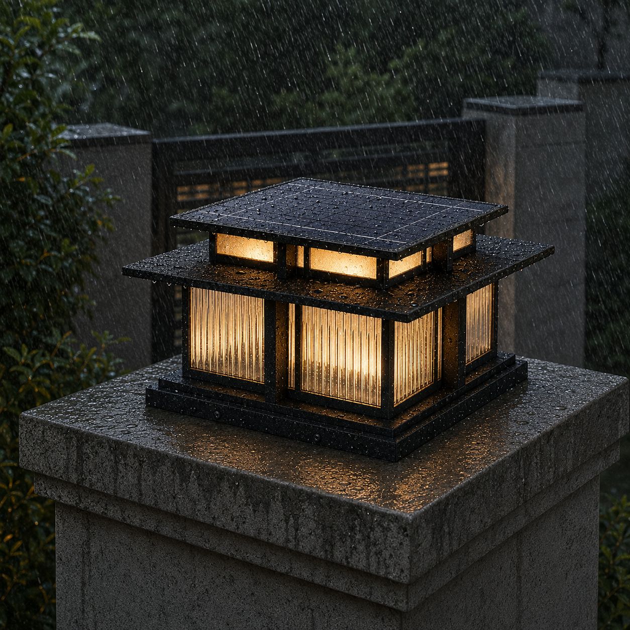 Reeded post cap lantern lit in heavy rain on a granite pier
