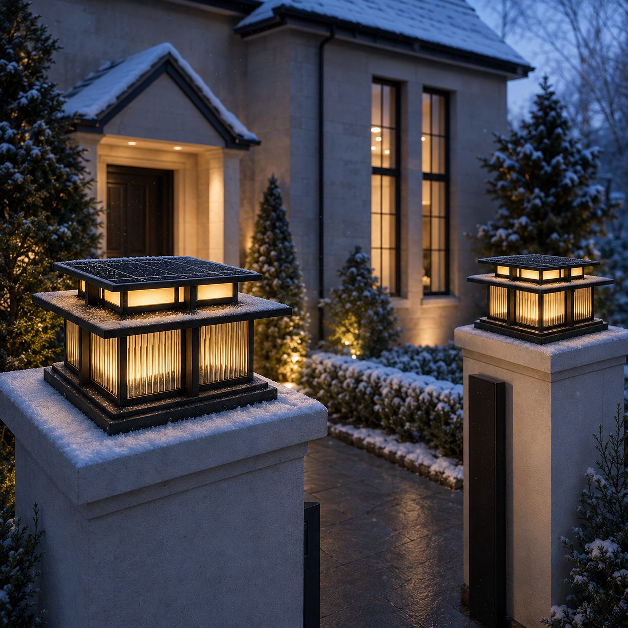 Post cap lanterns on snow-covered piers outside a gabled house in winter