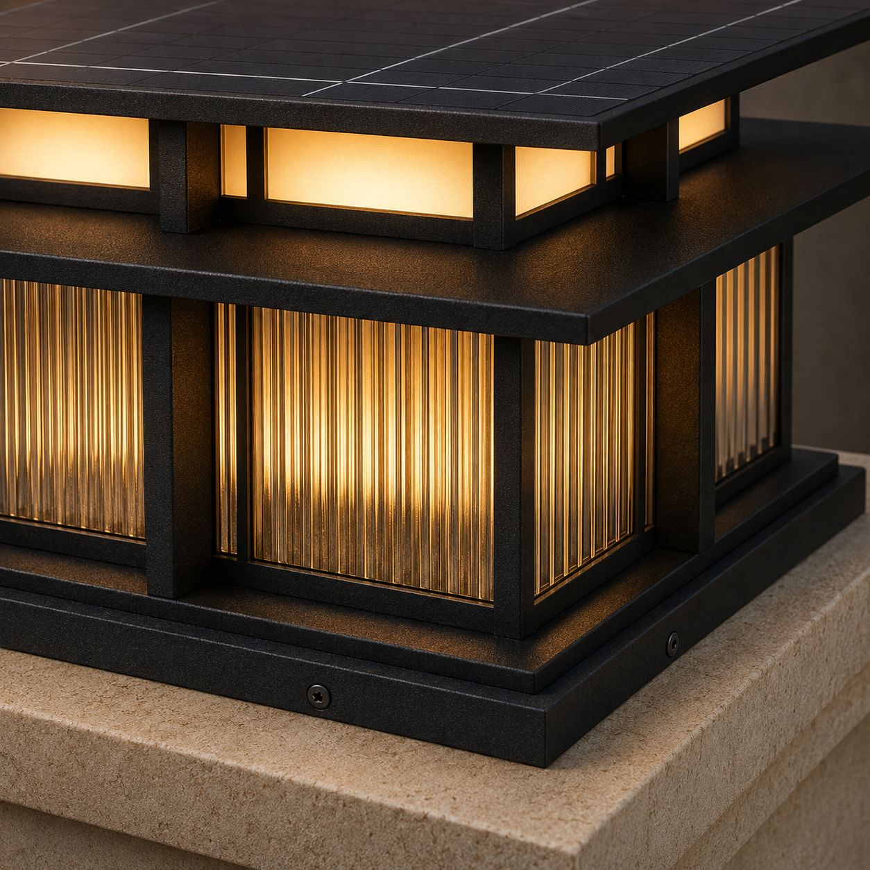 Close-up of the two-tier roof and reeded panels on the pier lantern