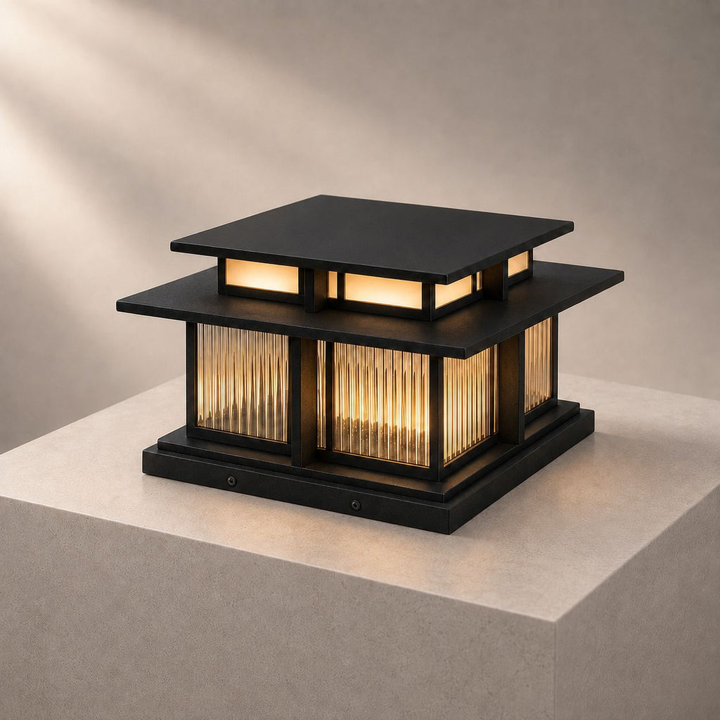 Studio view of the reeded post cap lantern with a solid black roof