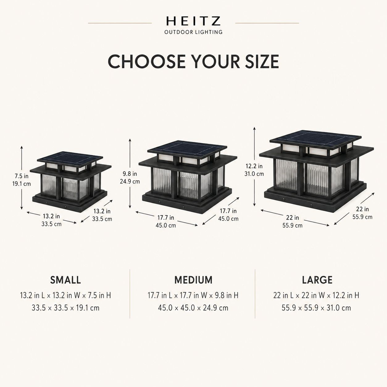 Size guide showing the small, medium and large reeded post cap lanterns