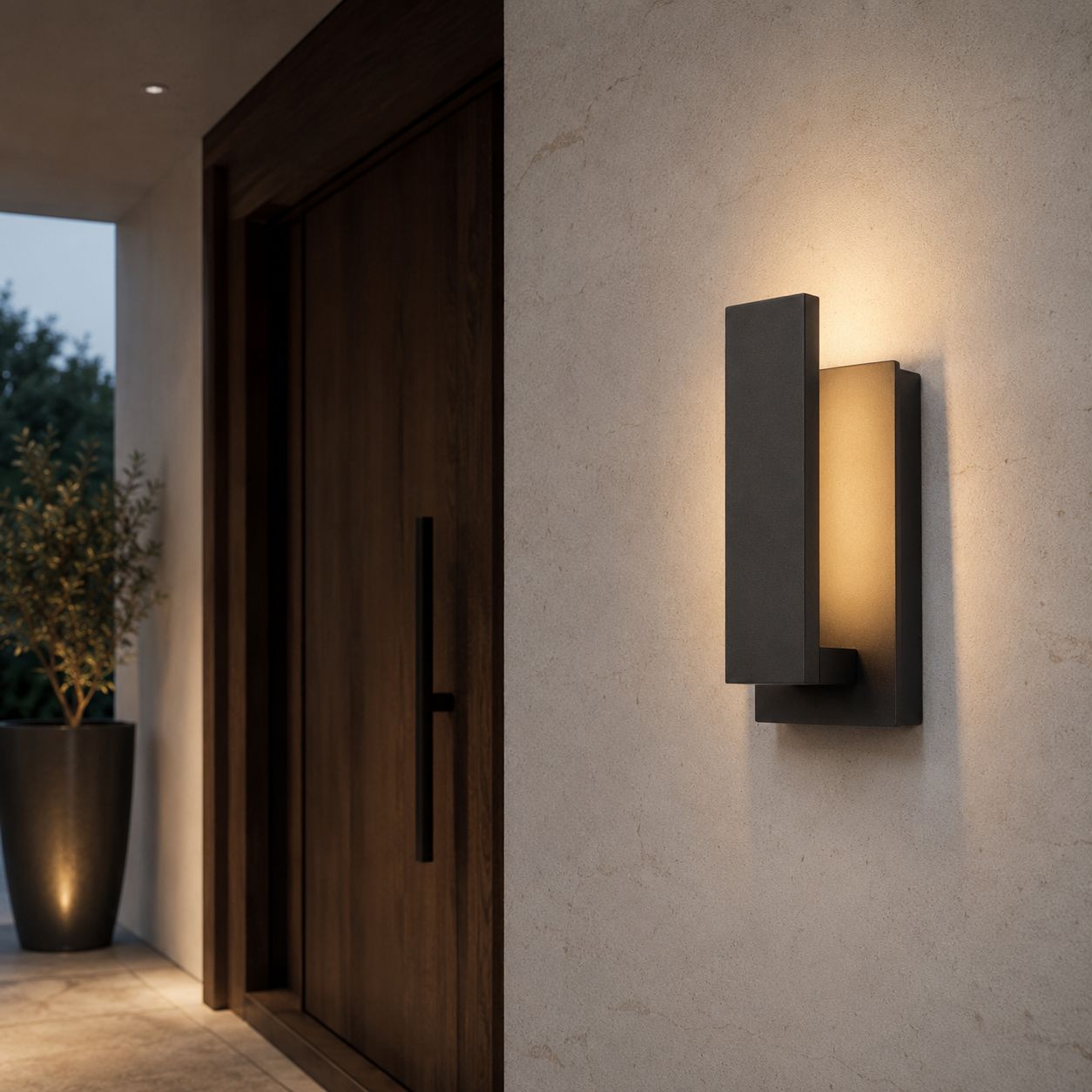 Slim black outdoor wall light on pale stone beside a dark timber front door and olive planter