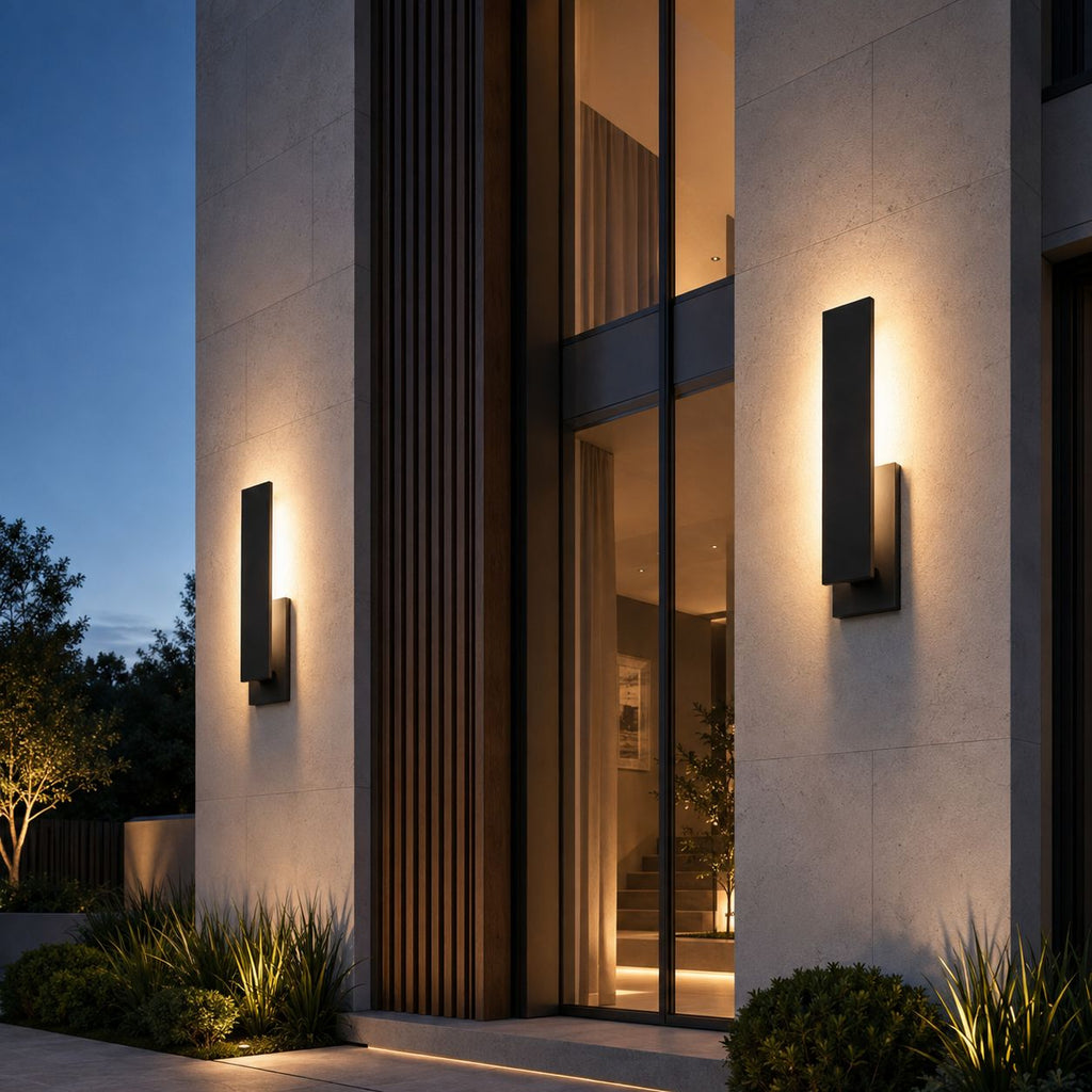 Slim outdoor wall lights on a modern facade of timber slats and glazing at twilight