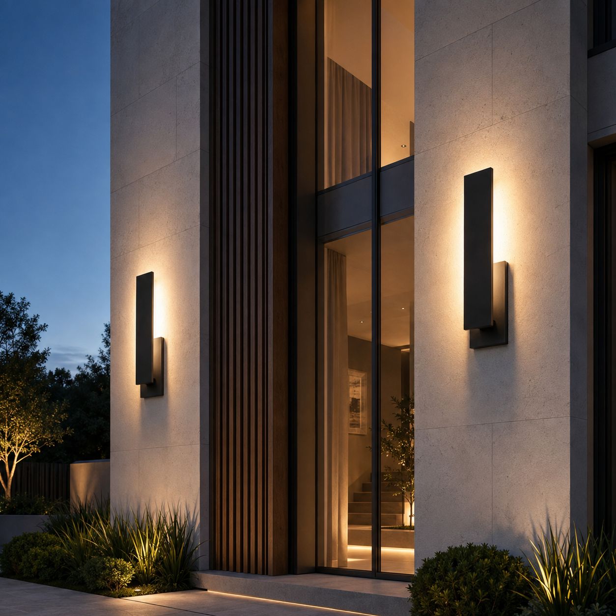 Slim outdoor wall lights on a modern facade of timber slats and glazing at twilight