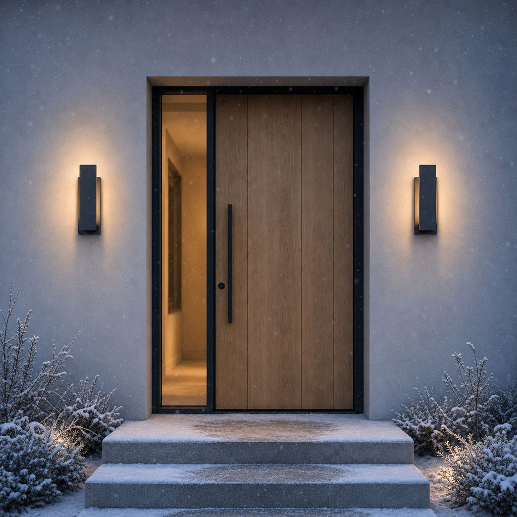 Two slim outdoor wall lights flanking a timber front door during snowfall