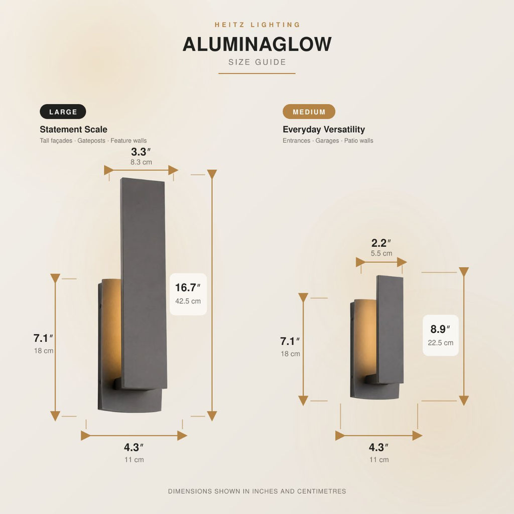 Size guide comparing the medium 8.9 inch and large 16.7 inch slim LED outdoor wall light