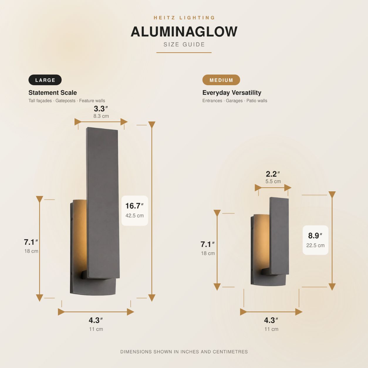 Size guide comparing the medium 8.9 inch and large 16.7 inch slim LED outdoor wall light
