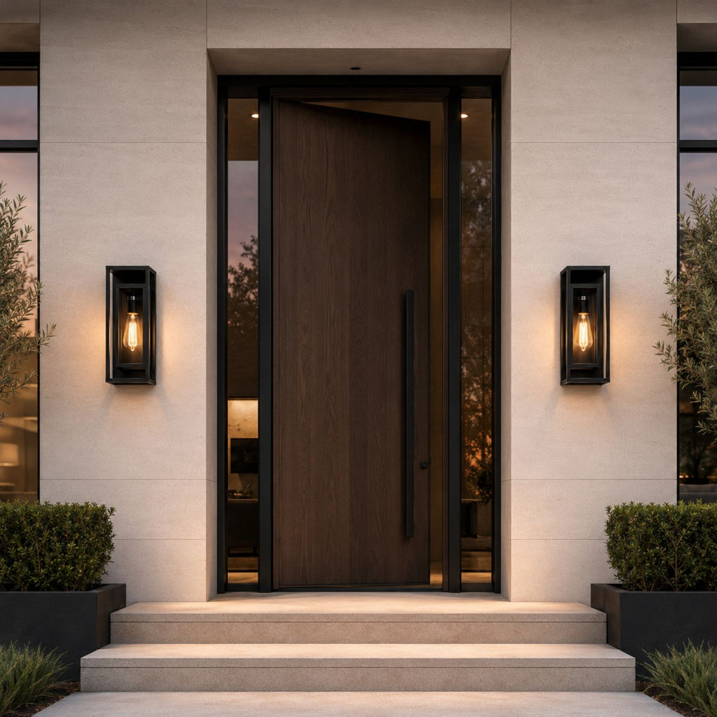 Pair of black outdoor wall lights flanking a tall timber pivot door on a modern rendered house