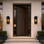 Pair of black outdoor wall lights flanking a tall timber pivot door on a modern rendered house