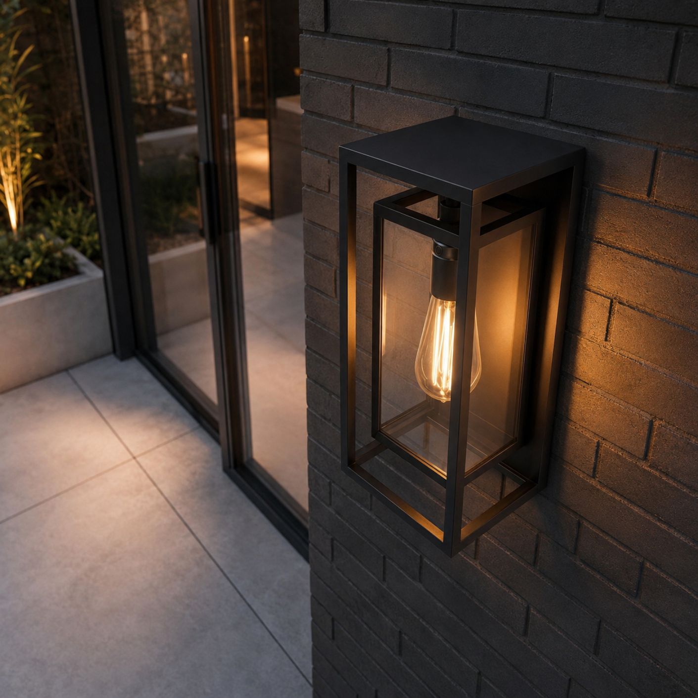 Angled view of the outdoor wall light on dark brick, showing the open-bottom frame