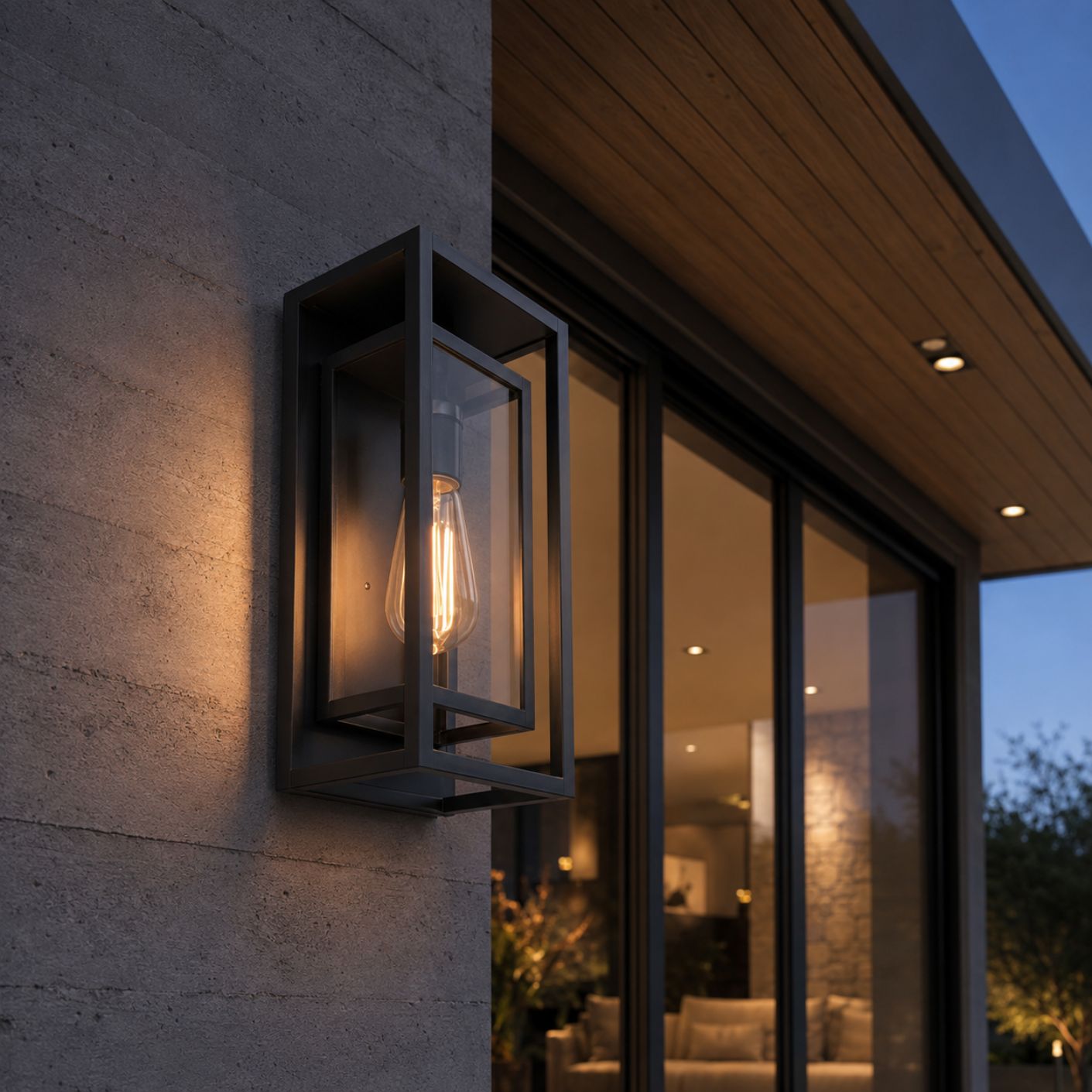 Outdoor wall sconce on a board-formed concrete wall beneath a timber soffit at dusk