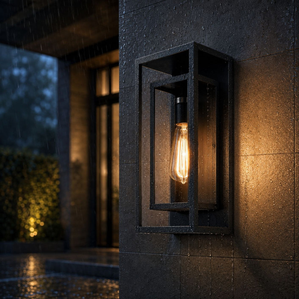 Matte black outdoor wall light in the rain, water streaking down the textured wall