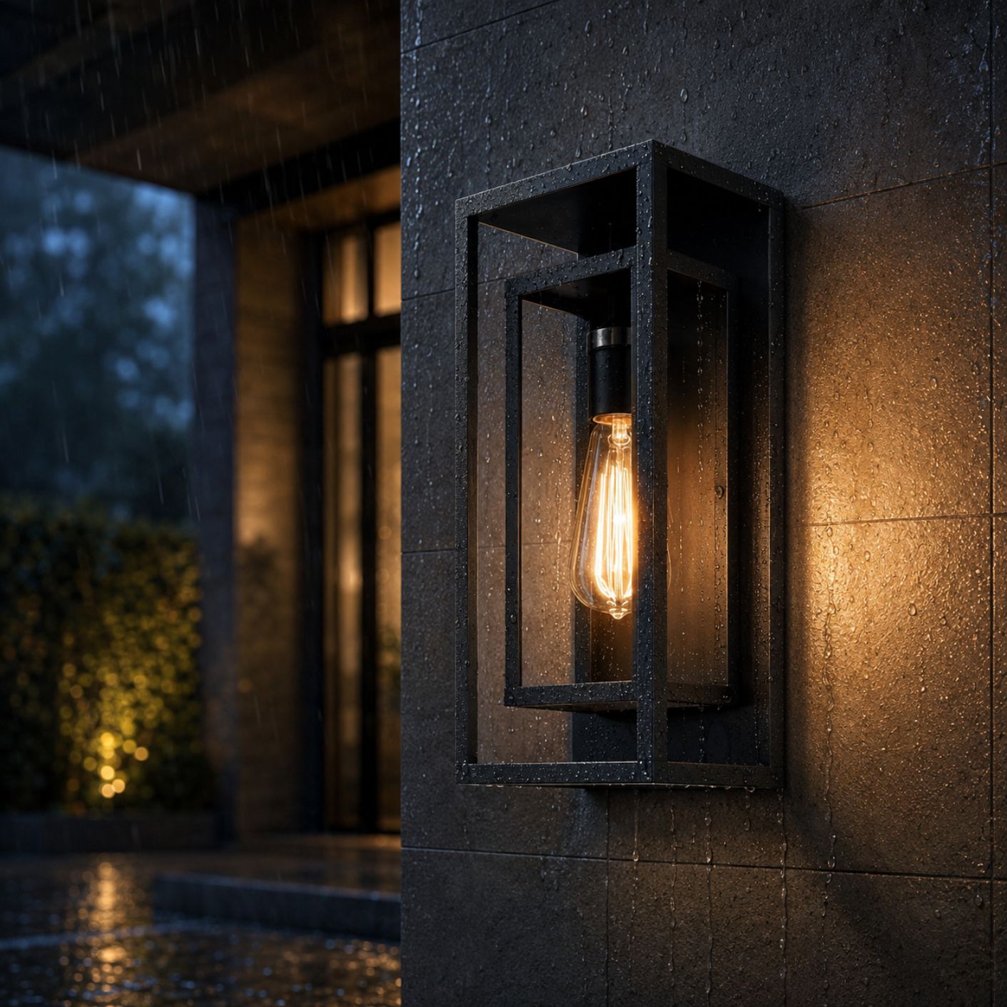 Matte black outdoor wall light in the rain, water streaking down the textured wall