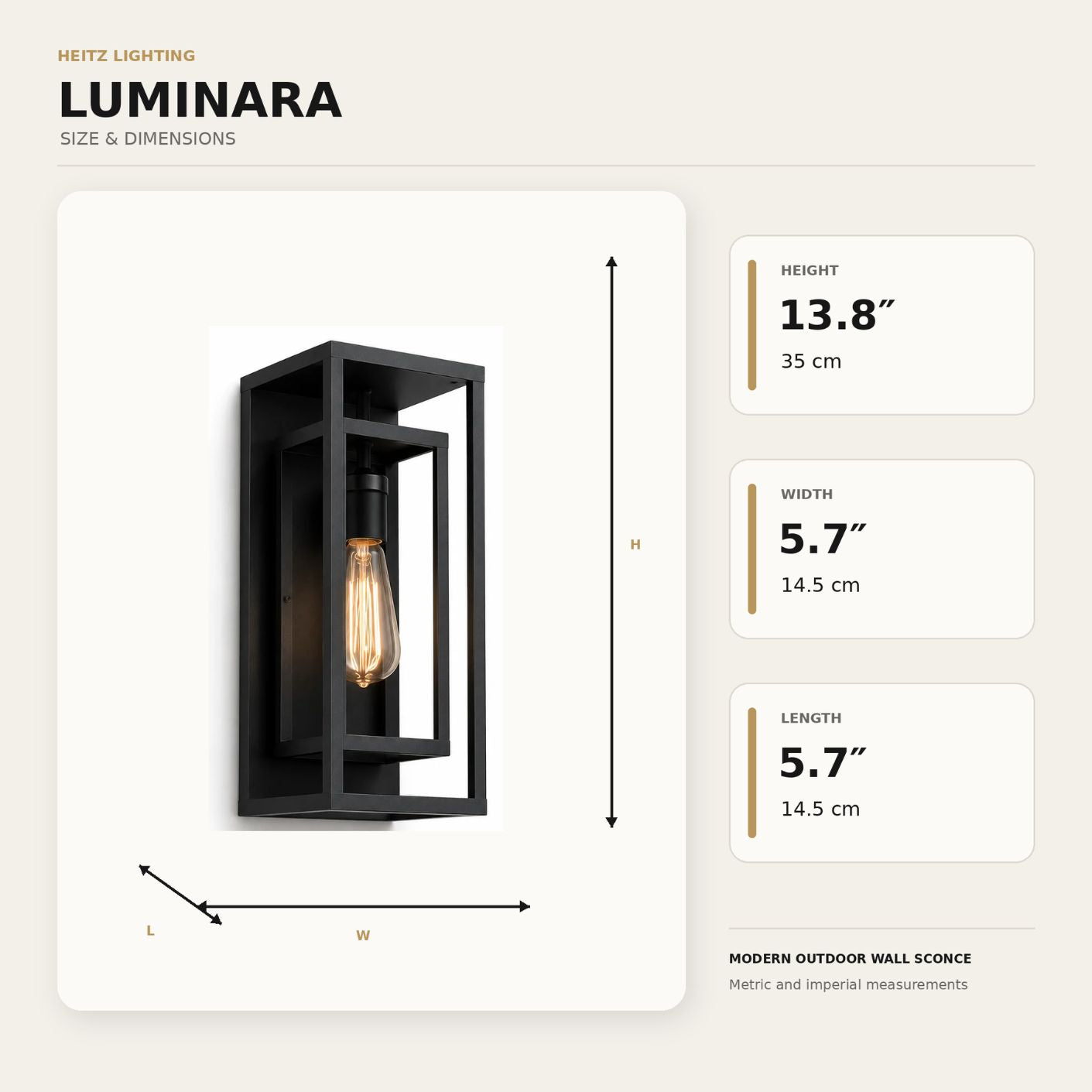 Dimensions graphic for the outdoor wall sconce, 13.8 inches high by 5.7 inches wide and deep