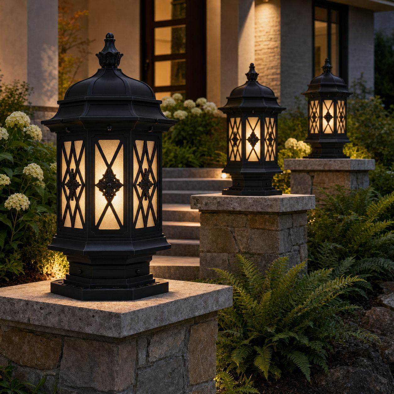 Hexagonal Outdoor Pillar Light | Gate Post Lantern, Frosted Glass
