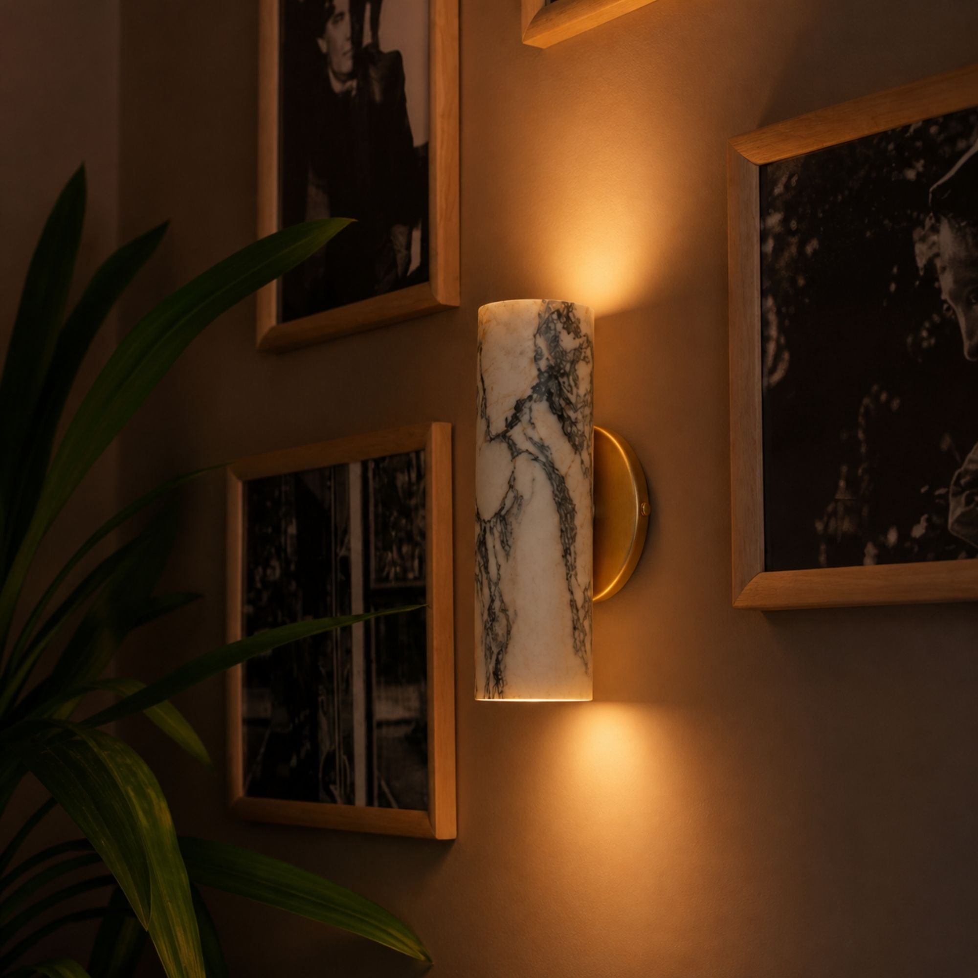 Marble wall lamp with warm ambient lighting in cozy interior wall decor