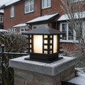 Black slatted post cap light on a snow-covered stone pier