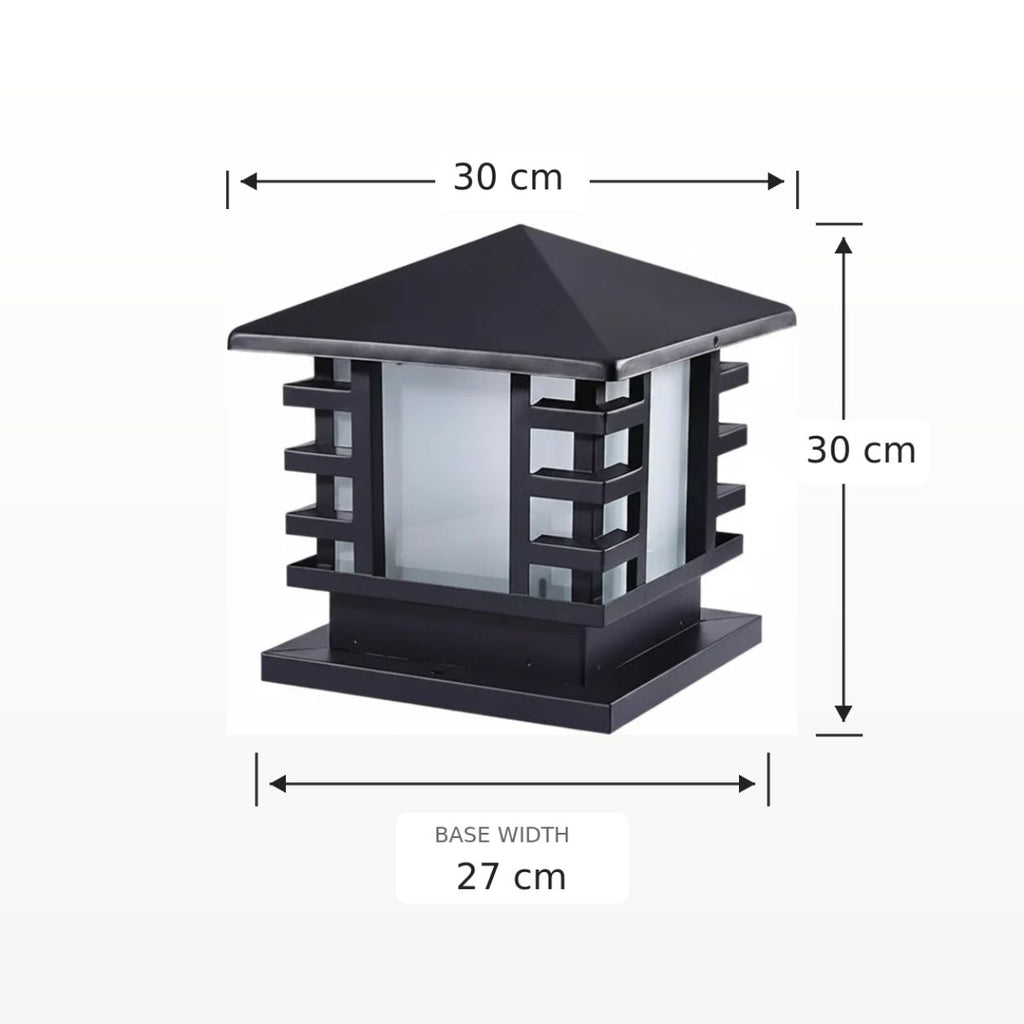 Dimensions graphic showing the slatted post cap light at 30cm square with a 27cm base