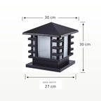 Dimensions graphic showing the slatted post cap light at 30cm square with a 27cm base
