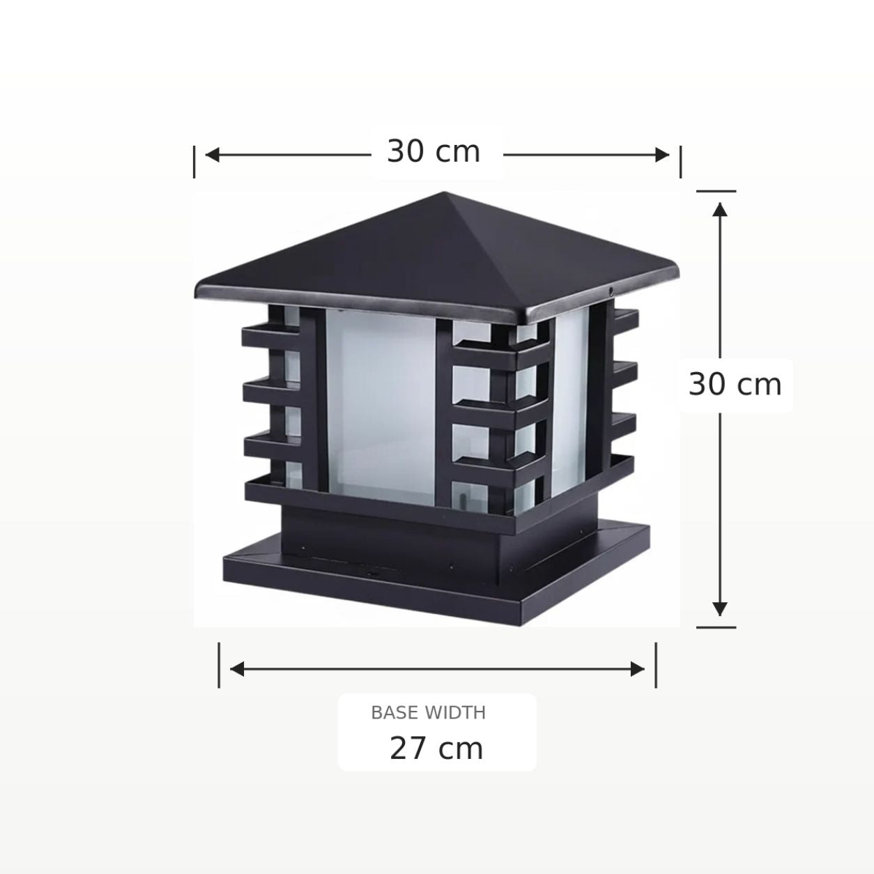 Dimensions graphic showing the slatted post cap light at 30cm square with a 27cm base