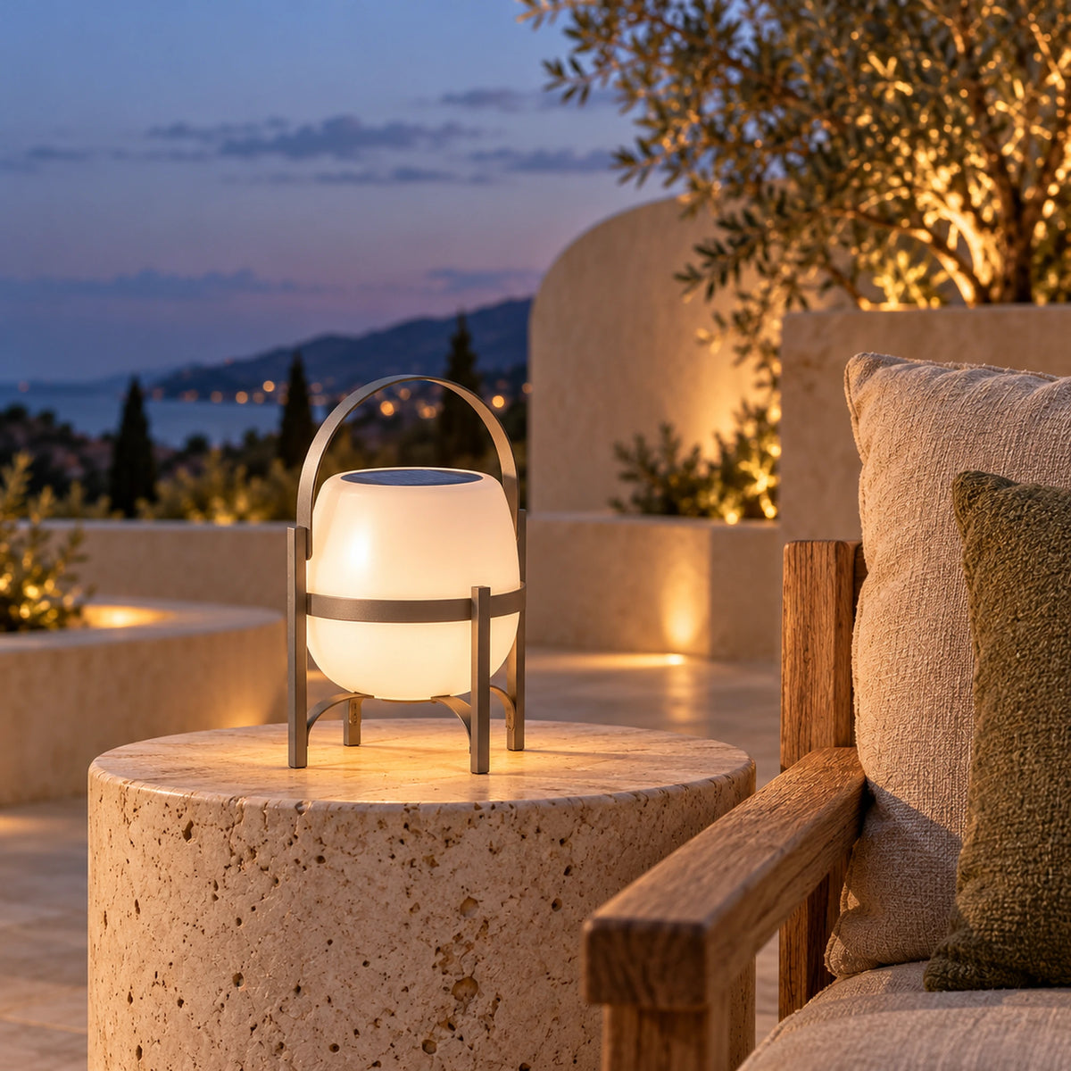 Ovella | Sculptural Rechargeable Outdoor Lantern with Solar Charging, Warm 3000K LED & IP65 Protection
