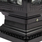 Close-up of the ribbed base and tiered cap of the scrollwork pillar light