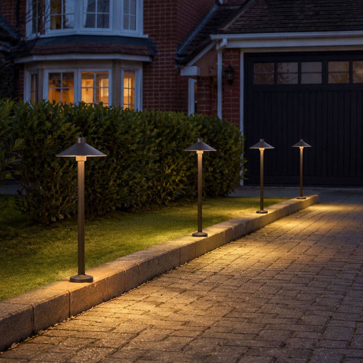 Umbrella path lights lighting a brick garden path