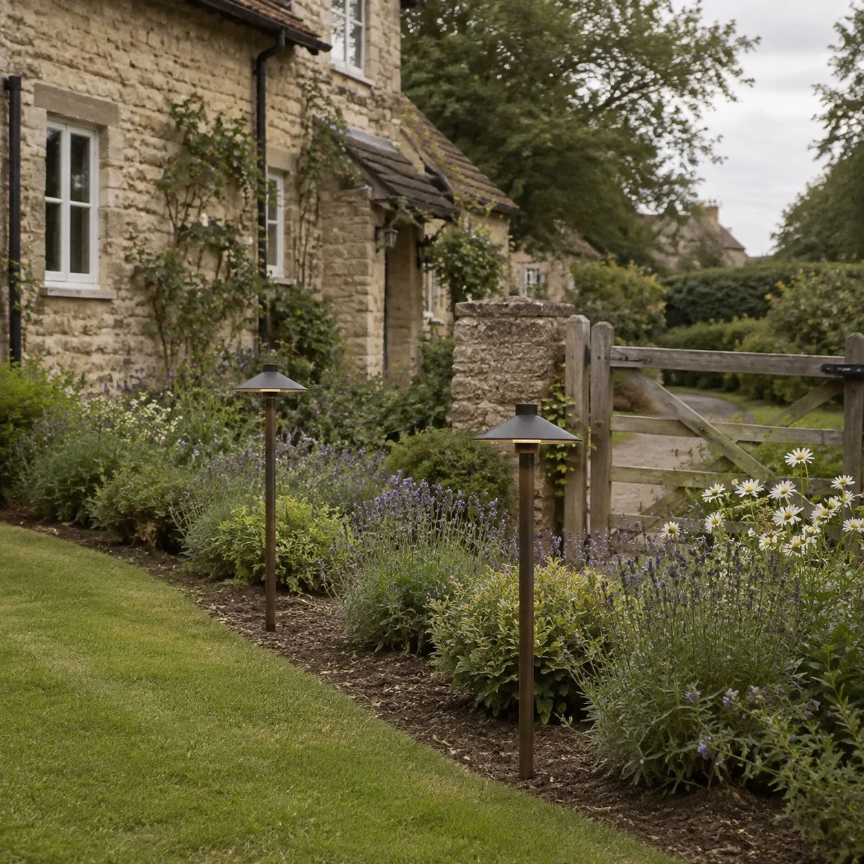 Umbrella path light at a lawn edge beside ornamental grasses