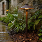 Umbrella path light beside ferns and a stone wall after rain