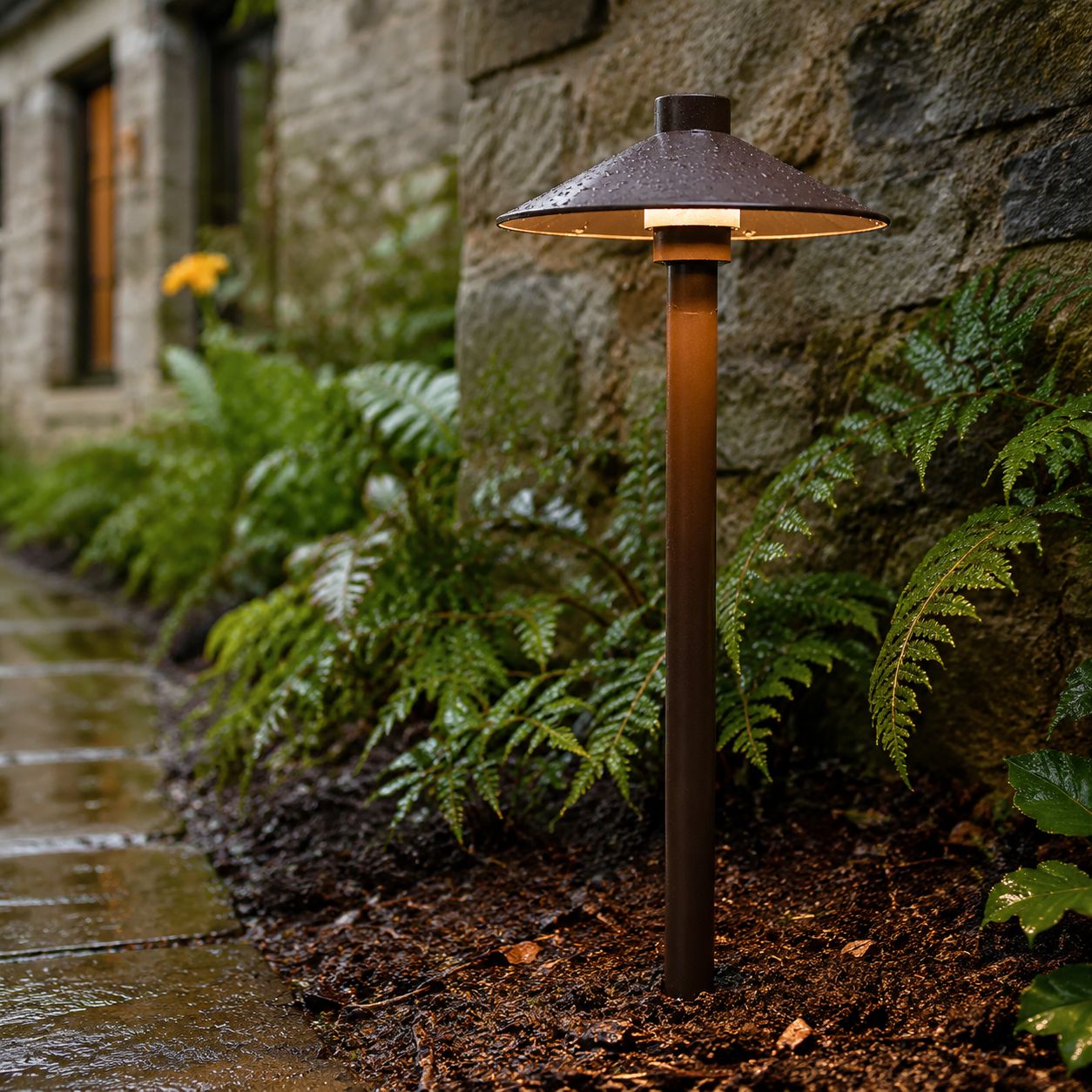 Umbrella path light beside ferns and a stone wall after rain